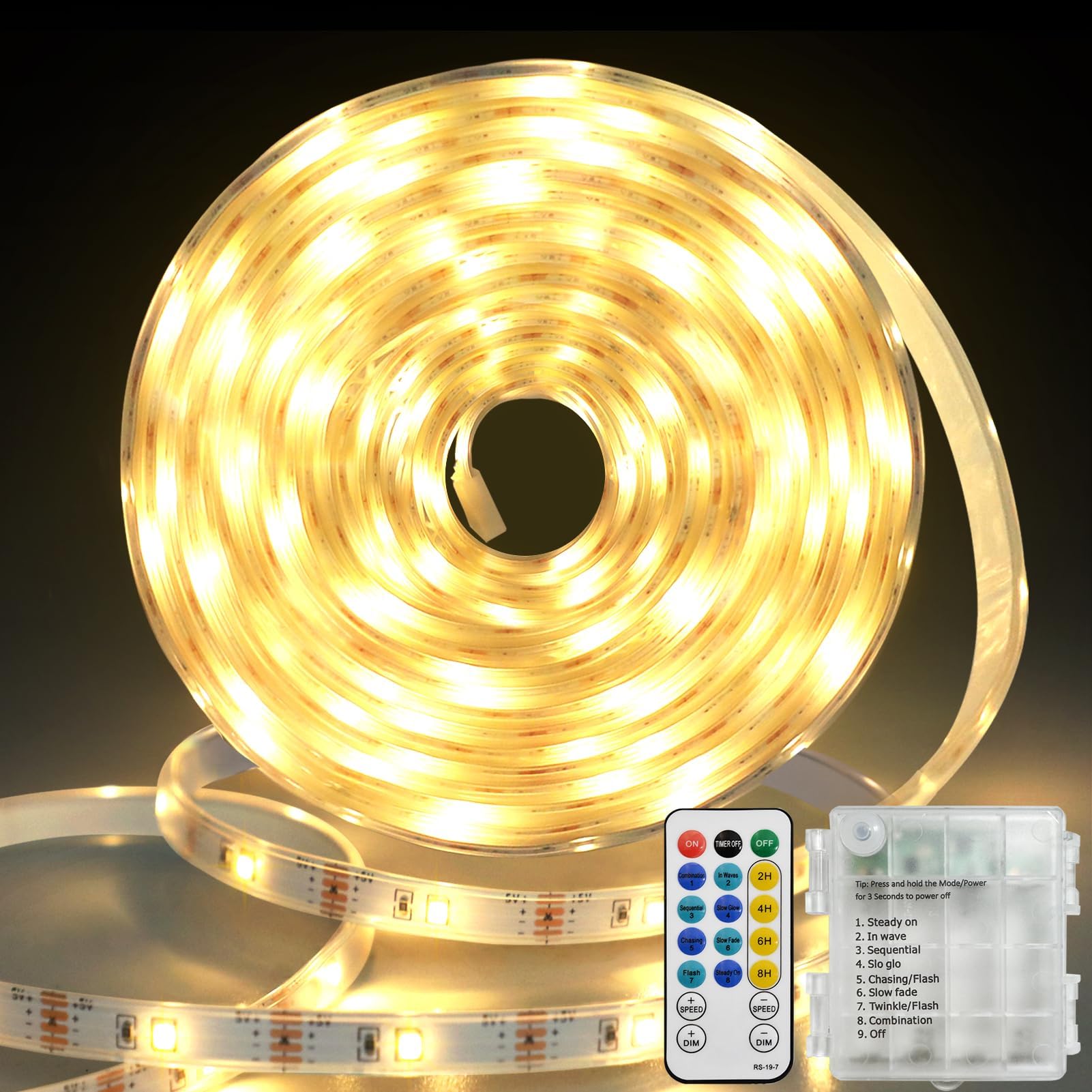 echosari 150 LED Strip Lights Battery Operated 16.4Ft Waterproof Strip Lights with Remote Timer Cuttable Light Strip for Indoor Outdoor Bedroom Cabinet Boat Decor (Warm White)