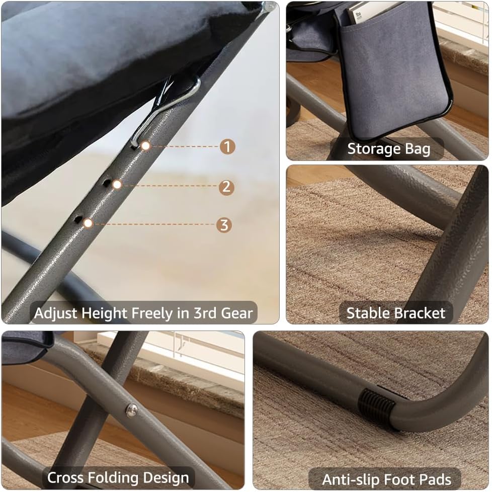 Living Room Lazy Chair with Ottoman & Armrest, Folding Lounge Chair Recling Sofa Comfy Leisure Chair with Side Pocket for Bedroom, Balcony, Living Room, Office, Grey