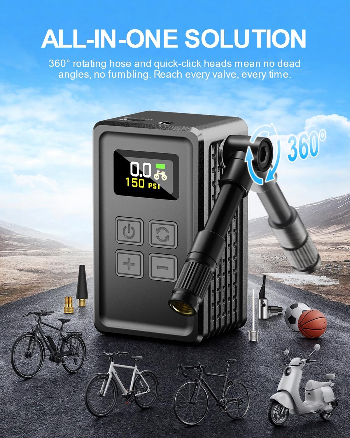 Mini Bike Pump 150PSI with Gauge, Fast Inflation Electric Air Pump, Portable Tire Inflator for Presta & Schrader Valve - Electric Bike, Mountain Bike, Road Bike, Motorcycle, Sports Ball