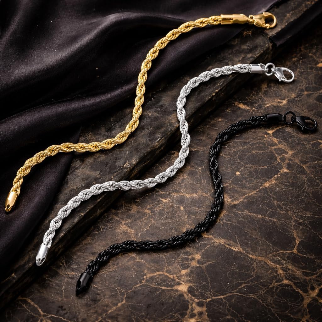3PCS Stainless Steel Bracelets for Men Gold, Silver, Black Bracelet Twisted Cable Mens Luxury Jewelry Bracelets Gifts