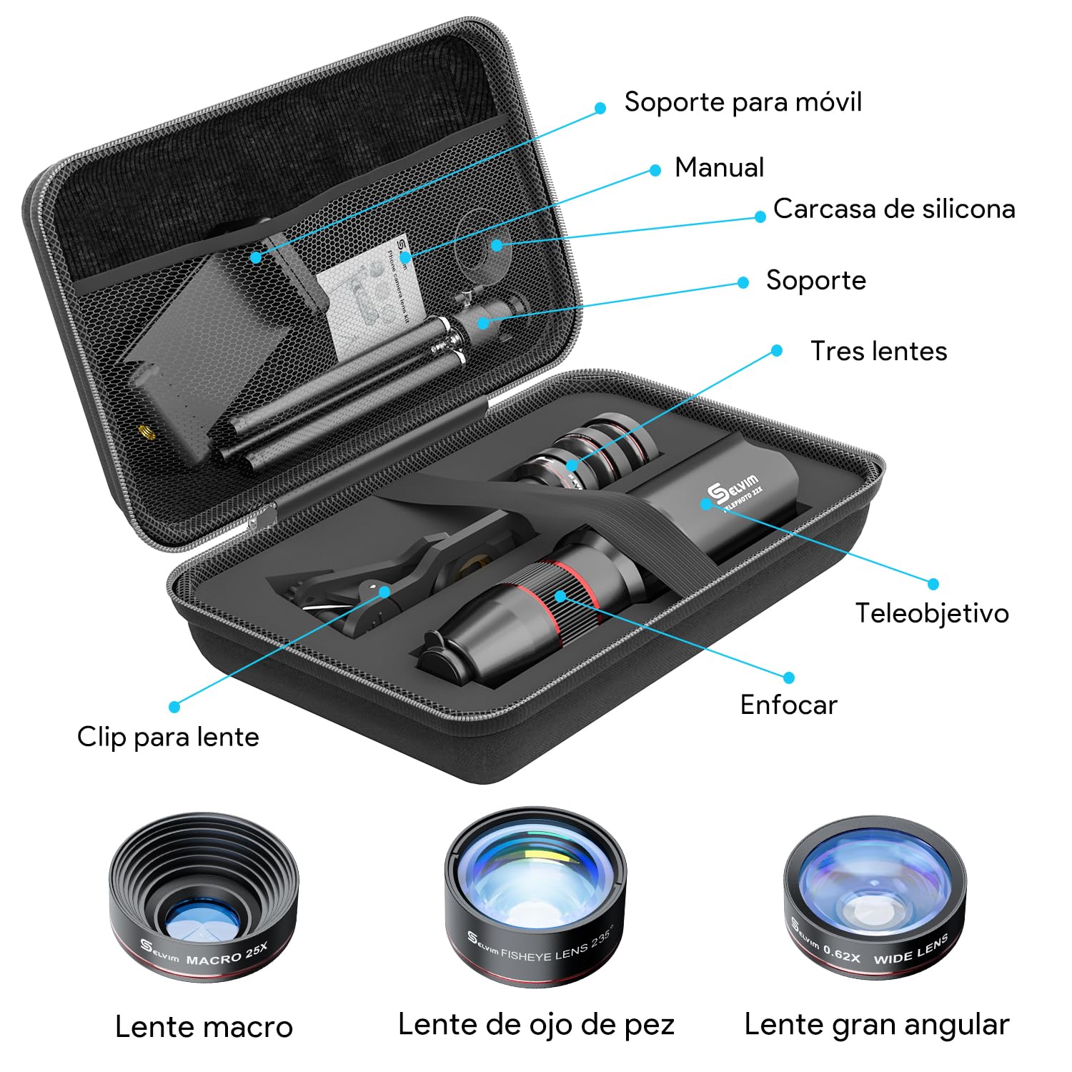 Selvim Lentes BLU-Ray para Teléfono Móvil, 9 en 1 Kit con 22X Teleobjetivo, 235° Fisheye, 0.62X Gran Angular, 25X Macro, Universal iOS Android