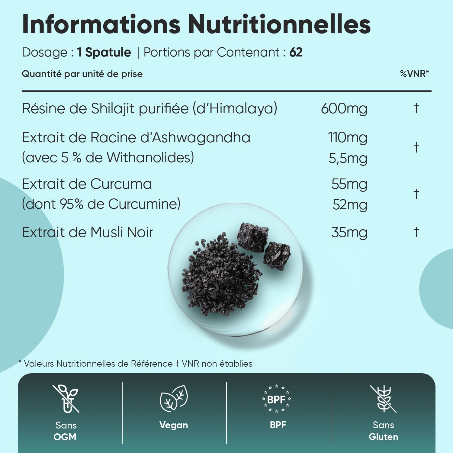 Résine de Shilajit 50g – Shilajit Himalaya Enrichie en Ashwagandha, Curcuma, Musli Noir, Source de +85 Oligo-Éléments – Complexe Ayurvédique – 62 Portions – Acide Fulvique (88%), Acide Humique (3,4%)