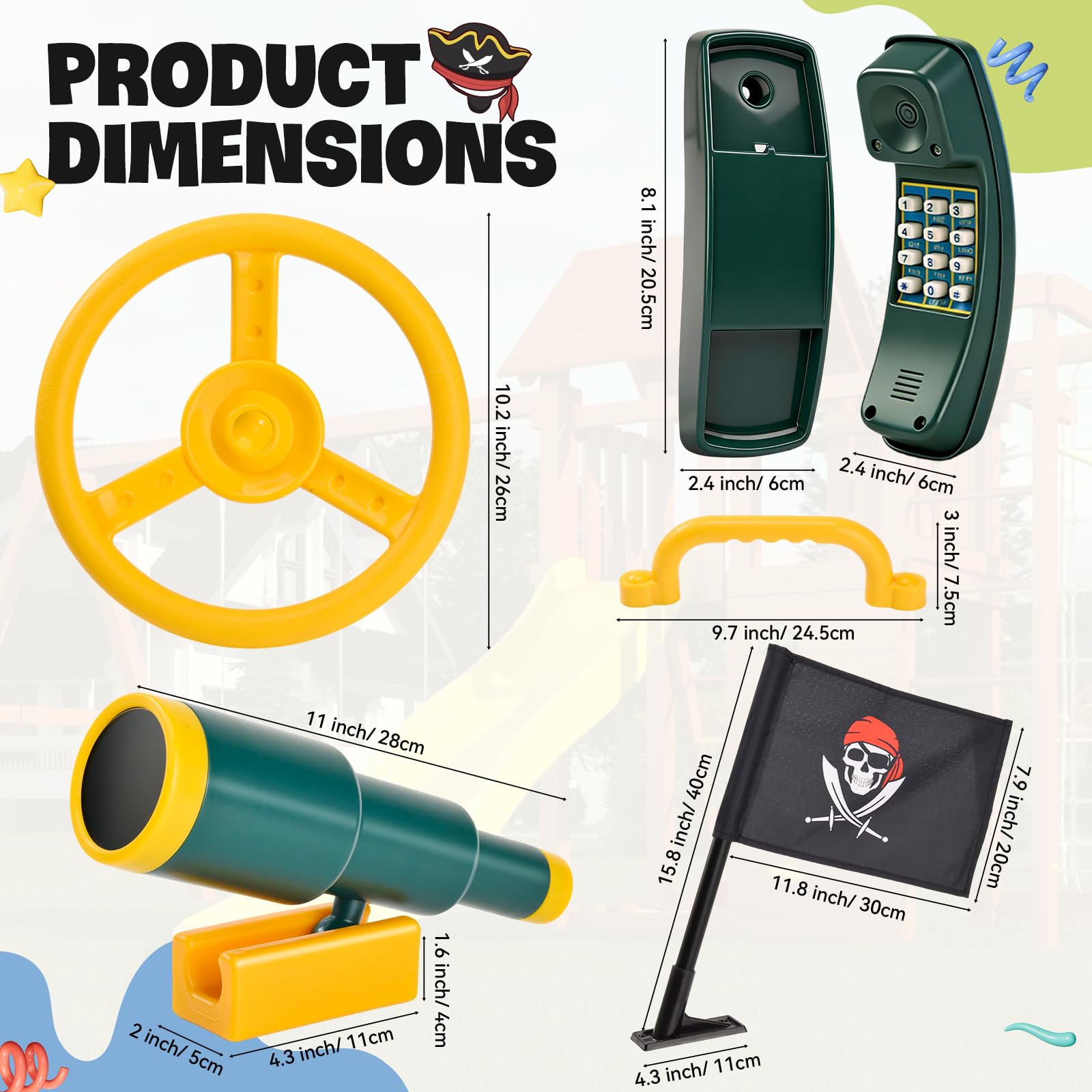 Set di Accessori per Torre di Gioco, Maniglie di Sicurezza per Parco Giochi con Volante,Telescopio e Telefono Giocattolo, Maniglie per Torre Giochi per Altalene, Parco Giochi, Alberi