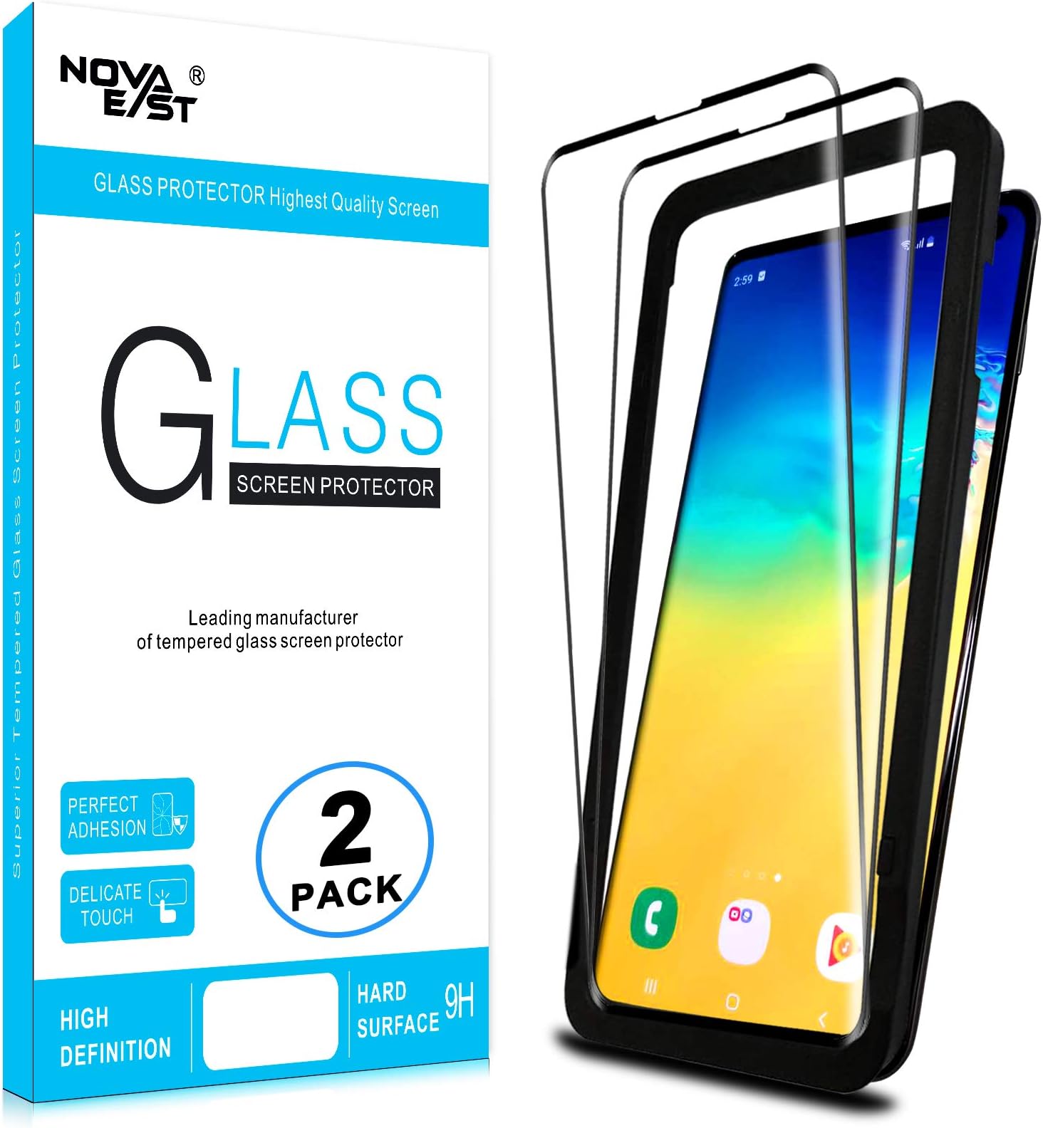 Novaeast Screen Protector for Samsung Galaxy S10 Plus, Tempered Glass with Easy Install Frame, 3D Curved Full Coverage, Fingerprint Scanner, 2 Pack
