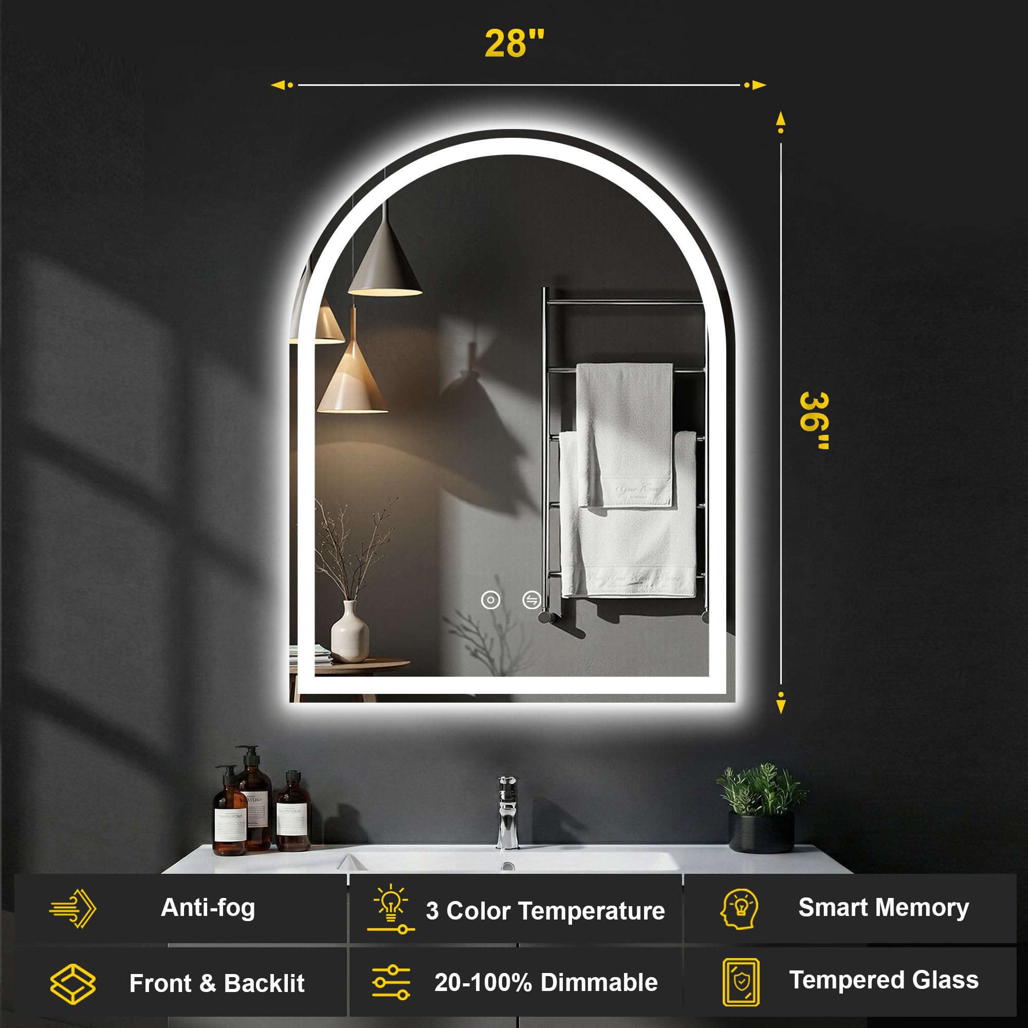 Specchio da bagno ad arco con luci LED, 71,1 x 91,4 cm, specchio da bagno illuminato | Anti-appannamento, dimmerabile in 3 colori, retroilluminato + frontale, vetro temperato infrangibile HD, funzione di memoria