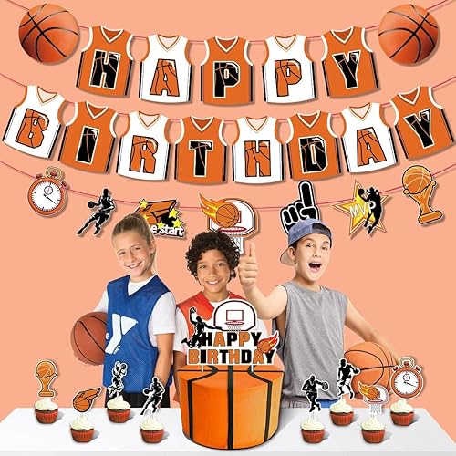 Miniatura 5 de 40 piezas de decoración de fiesta de baloncesto – Cartel de feliz cumpleaños, globos, adornos para pasteles para niños y niñas