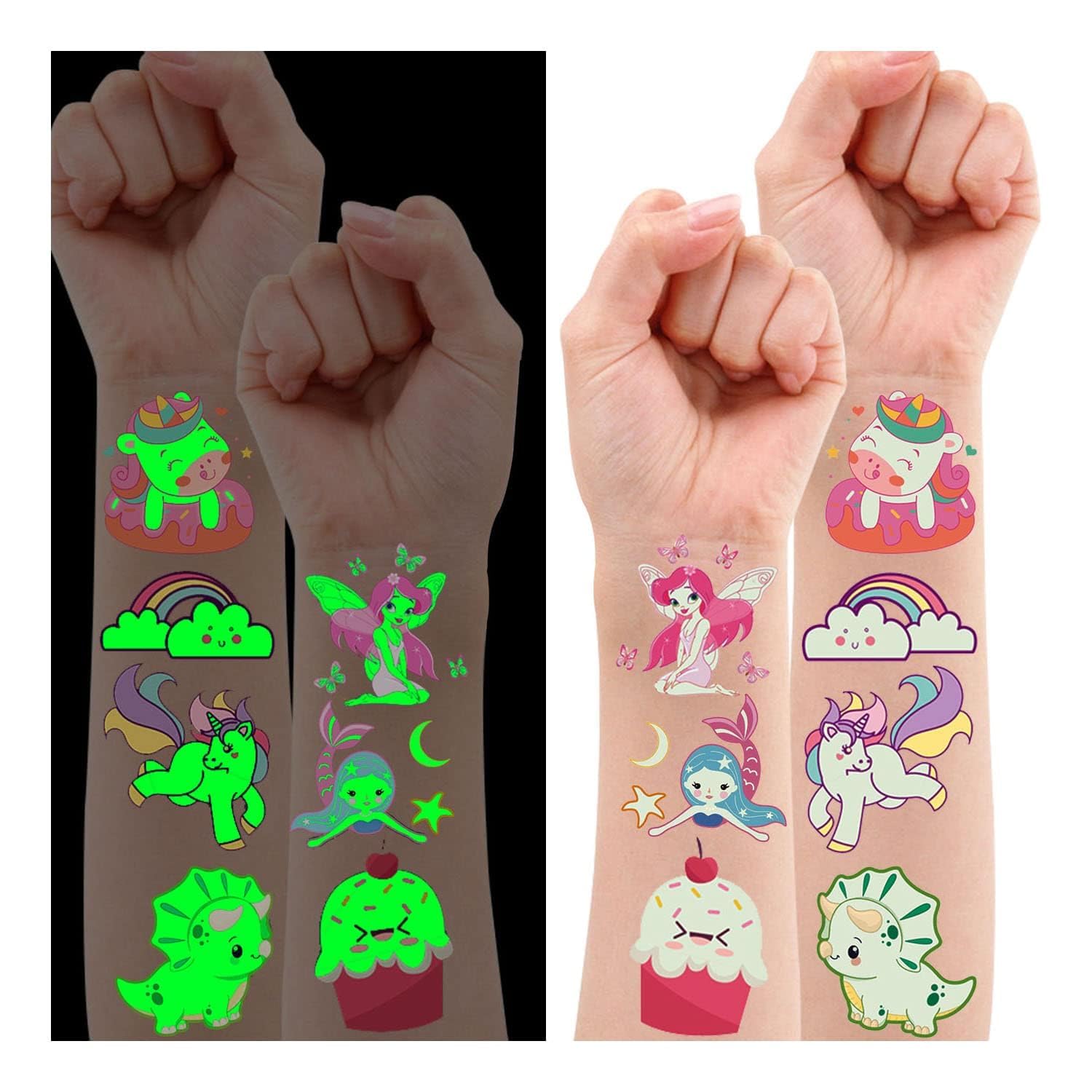 Leesgel Tatuajes Temporales Niños, 10 Hojas Luminosos Tatuajes Temporales Pegatinas Infantiles Unicornio/Dinosaurio/Sirena, Relleno Piñata Detalles Regalos Cumpleaños Niños Colegio Juguetes