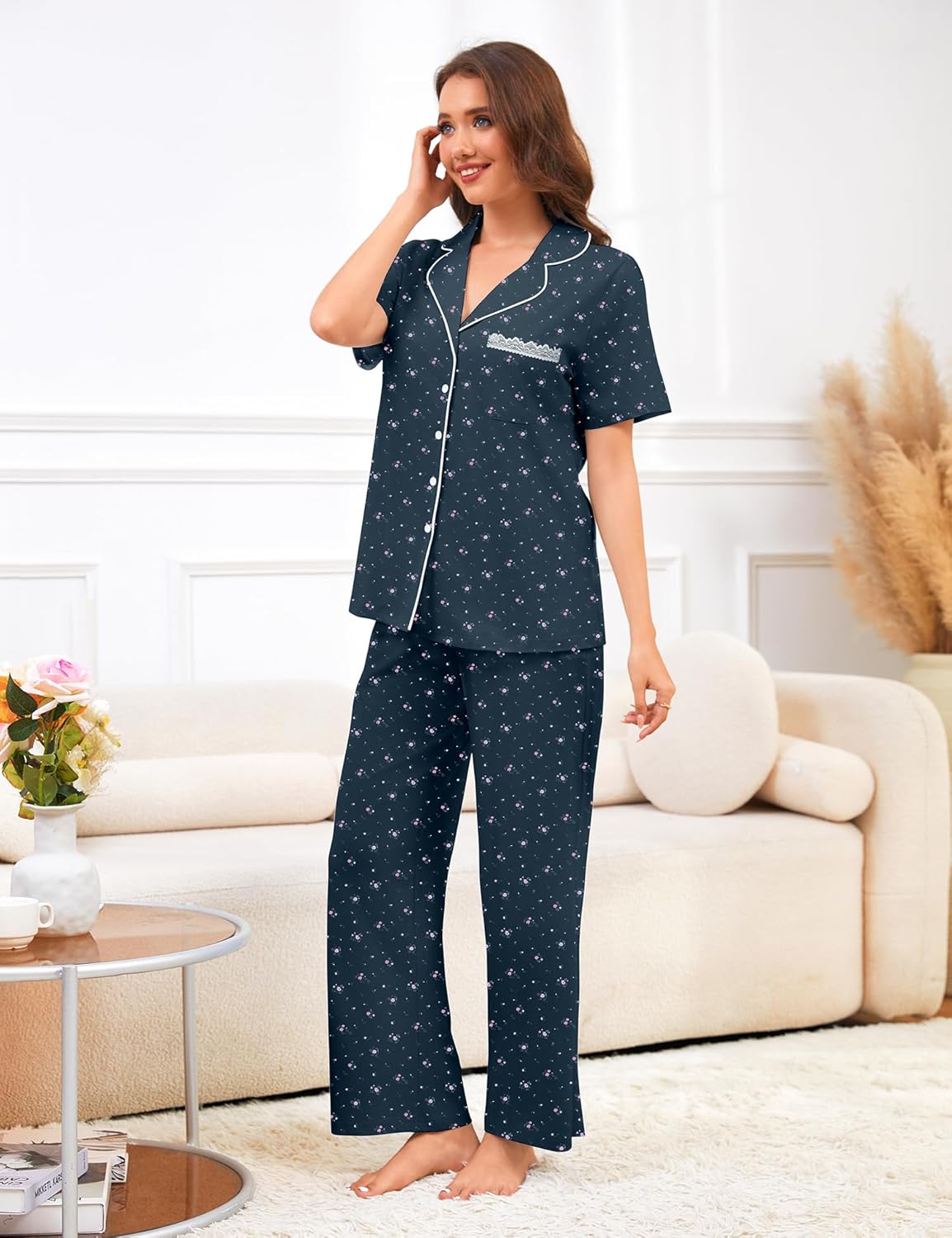 Bloggerlove 100% Cotton Pajamas for Women Set 2 Piece Short Sleeve Women's Sleepwear Button Down Lounge Sets with Pockets - Image 3