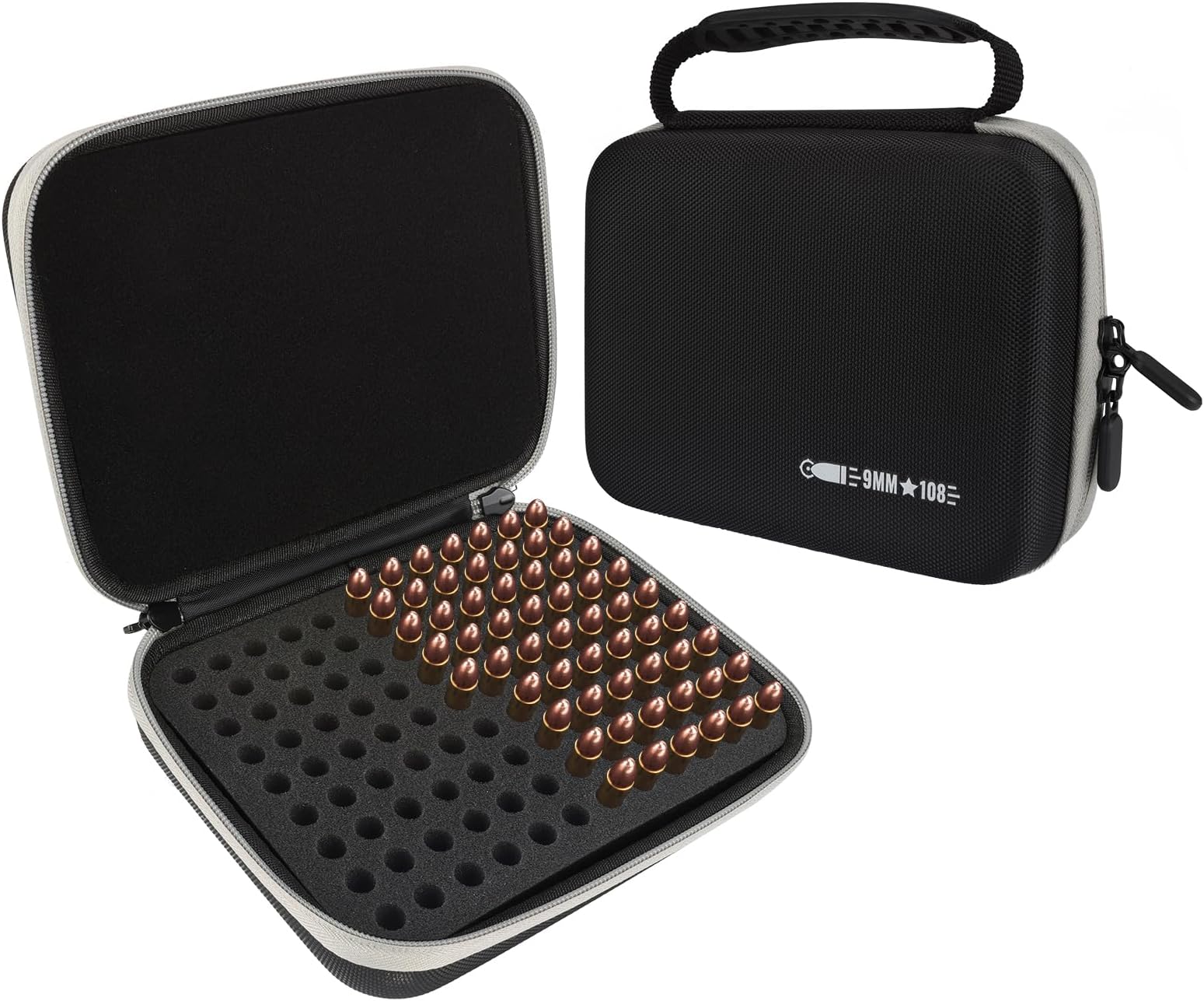 108 Round 9MM Ammo Storage Case, Ammo Box Compatible with 9mm Luger, 9mm Parabllum, 9mm Makaro, 380 ACP .32 ACP .45 ACP, 30 Luger, 32 S&W, 40 S&W, Bullets Storage Box for 9MM(Grey)