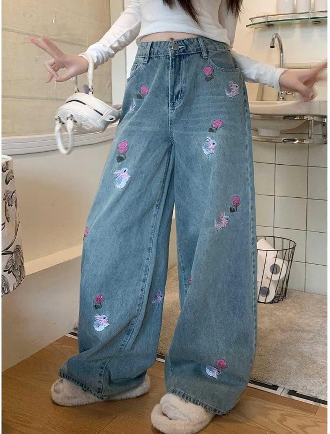 Women's Denim Pants Y2K Jeans Retro Embroidered Pattern Printed Loose Casual Jeans Straight Leg Pants