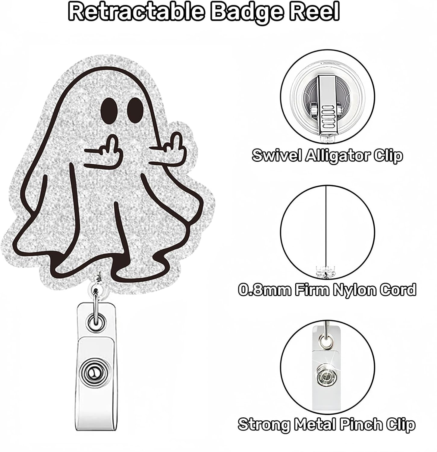 Funny Badge Reel, Cute Glitter Ghost Halloween Nursing Medical Badge Holder with Retractable Clip, Name Badge Holder for Nurse Teacher Doctor Office Worker Gift image 2