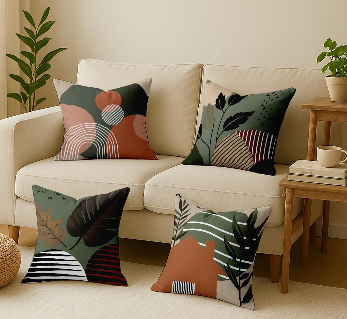 Landscape Design, Decorative Cushion Covers Set of 4-16x16 Inch, 100% Cotton, Printed on Both Sides, Hidden Zipper, Green