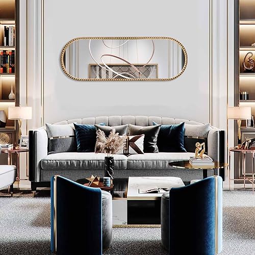 Miniatura 4 de Espejo ovalado de longitud completa, marco de cuentas de metal de 16 x 47 pulgadas, espejo grande para colgar en el suelo, para dormitorio, sala de