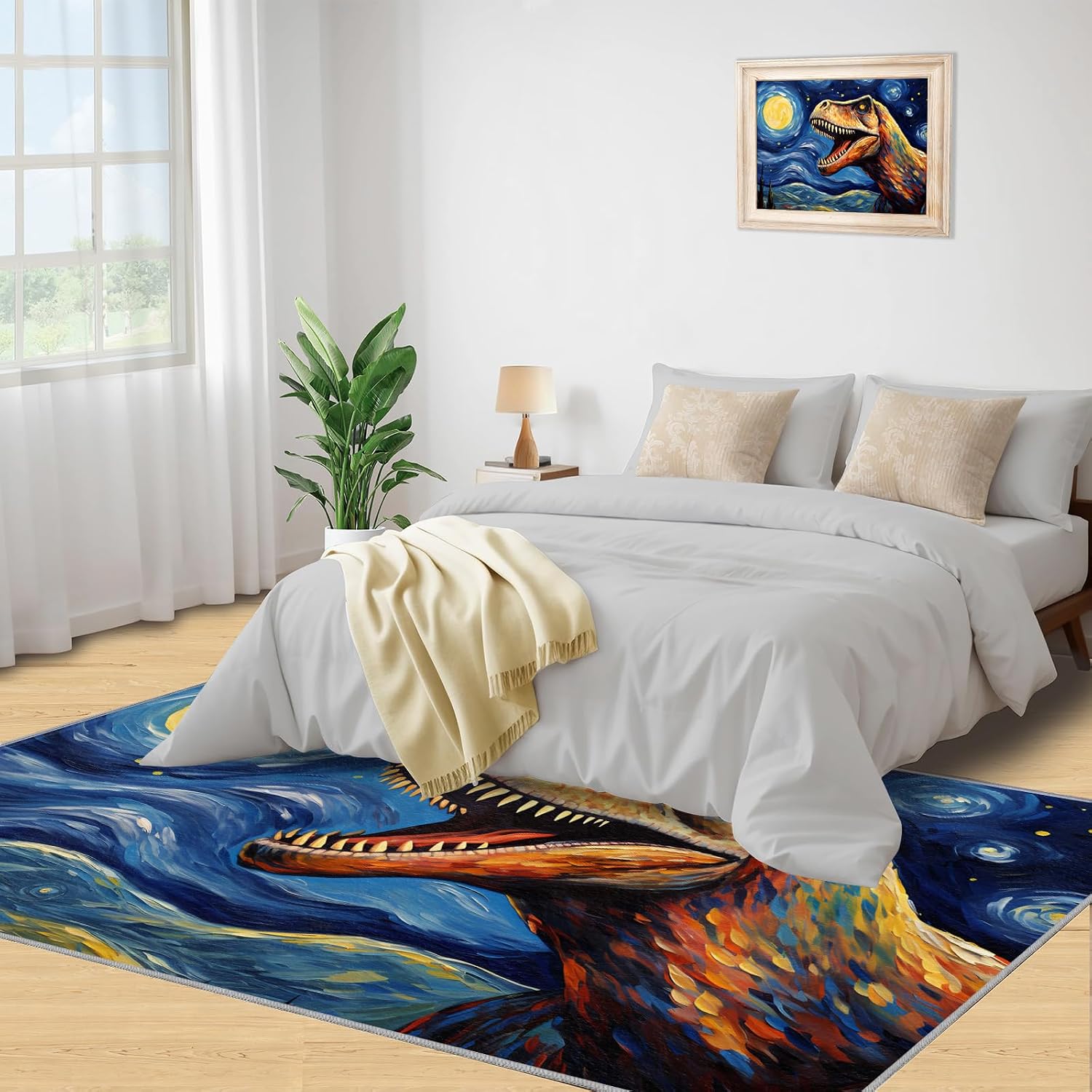 5x6 Area Rug - Starry Sky Dinosaur Area Rugs for Kitchen, Post-Impressionism Art Oil Painting Bedroom Area Rug Kids Low Pile for Indoor Outdoor Hardwood Floors Home Decor