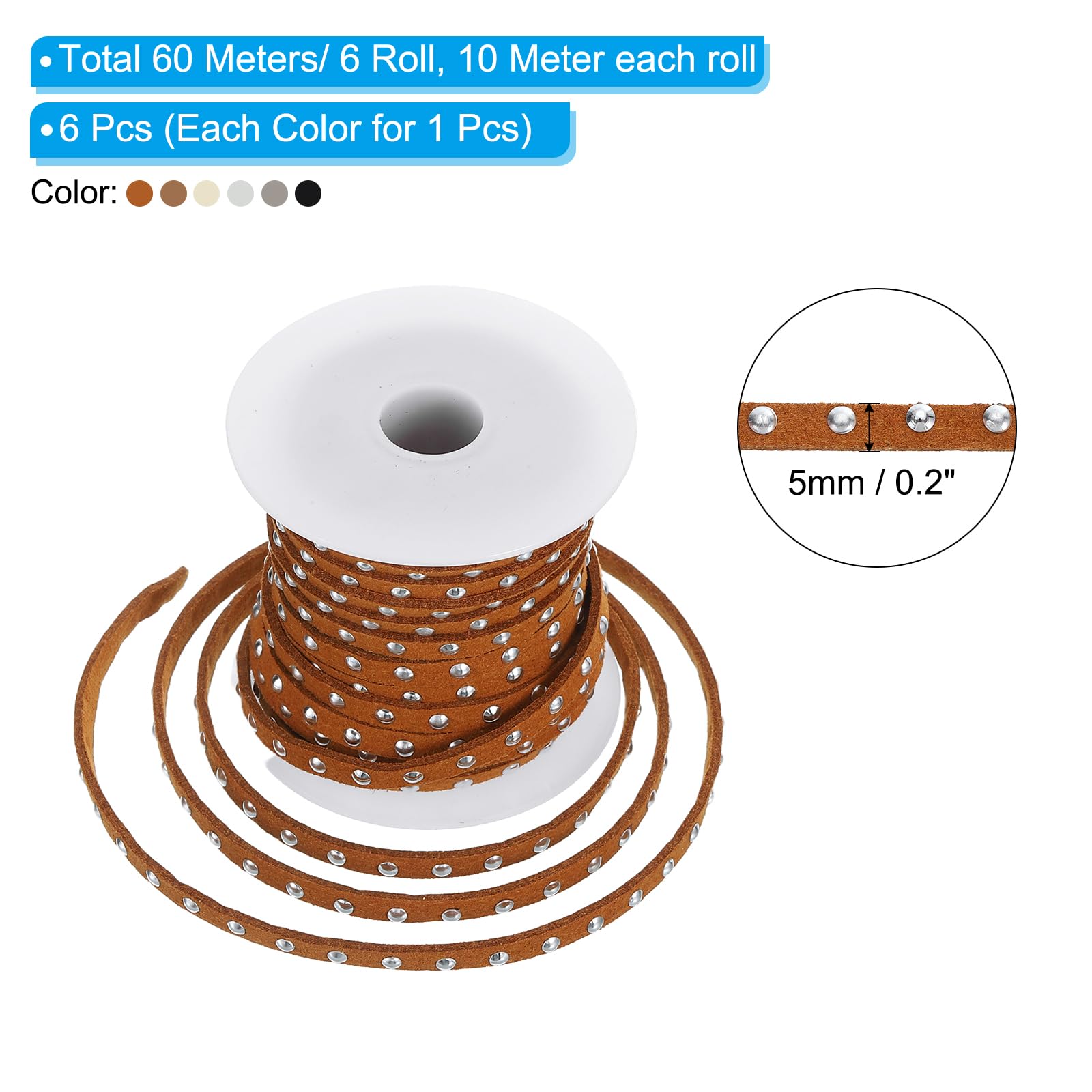 PATIKIL 65.5 Yards Studded Faux Suede Cord Rope for Jewelry Making 6Pcs Each 10m 5mm Silver Rivets - Image 3