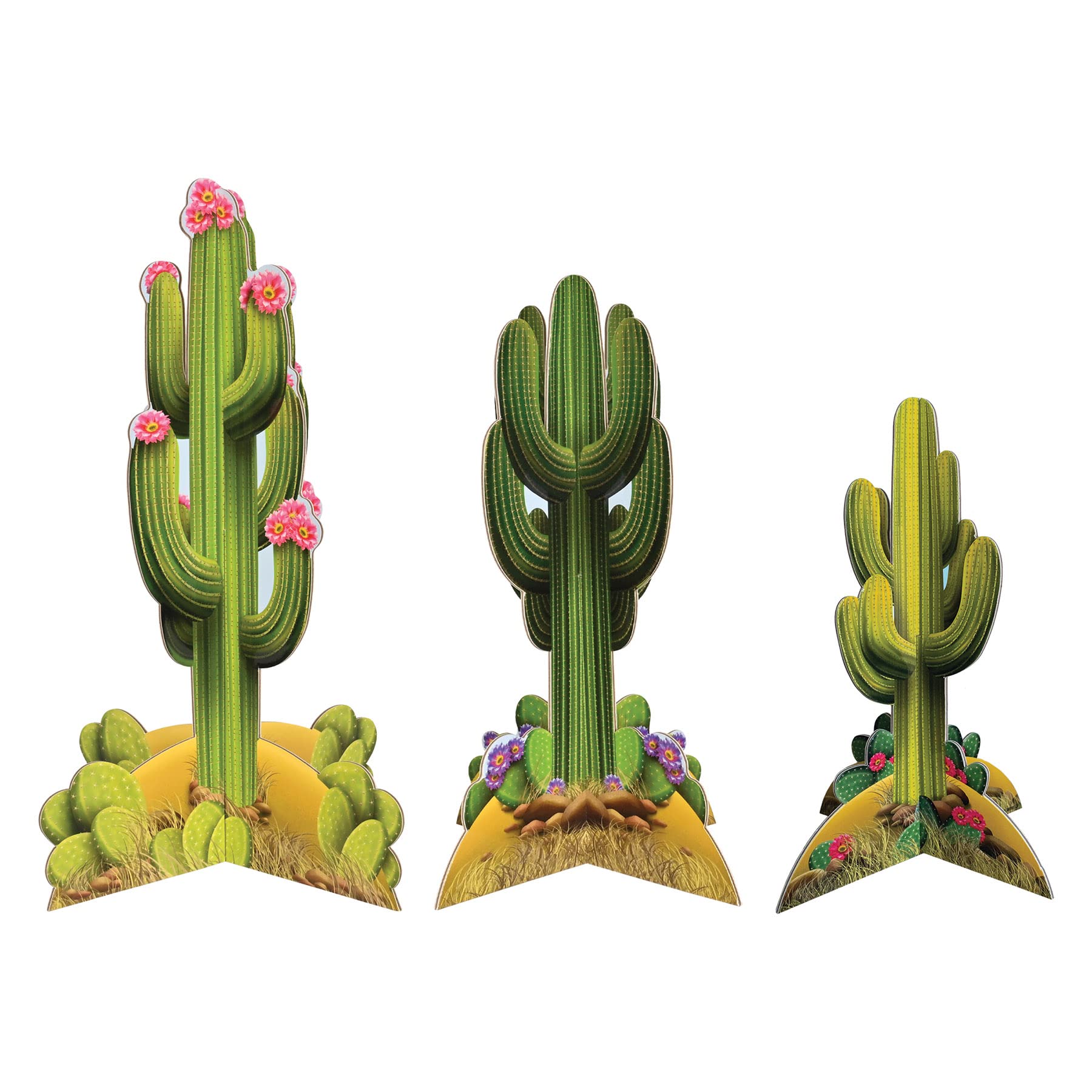 Beistle 56001 3 Piece Three Dimensional Printed Boardstock Western Theme Cactus Party Decorations Cinco De Mayo Table Centerpieces, Paper, Green/Pink/Yellow/Tan