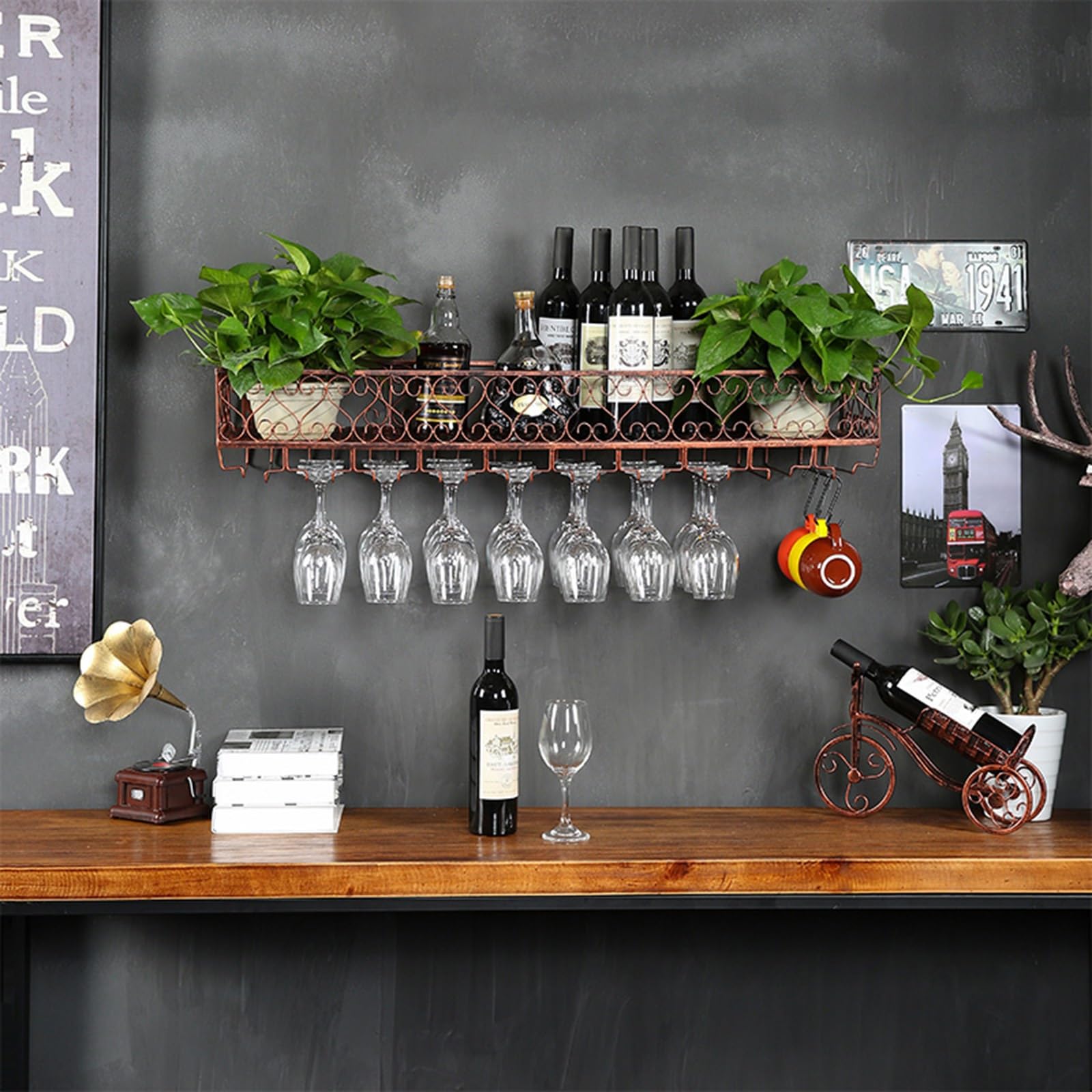 Présentoir à vin mural fonctionnel avec rack à verres suspendus