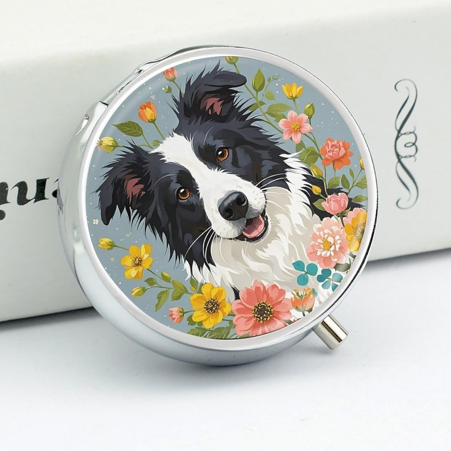 Border Collie Florals Round Pill Box, Waterproof Medicine Organizer Box image 4
