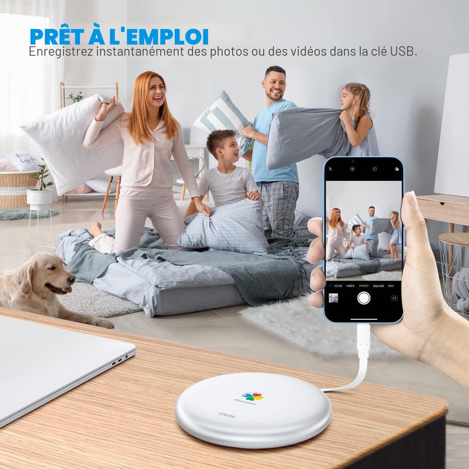iDiskk Disque Dur Externe 2 to pour iPhone, Disque Dur Lightning certifié MFi avec câbles 3 en 1 intégrés, iPhone HDD Fonctionne avec Le Nouvel iPad Pro, Les téléphones iOS USB-C Mac PC