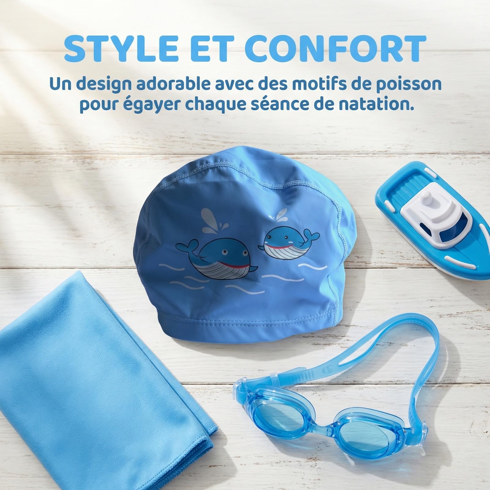 Gorro De Natación Infantil, con Revestimiento Impermeable De PU, Patrón De Pez, Azul