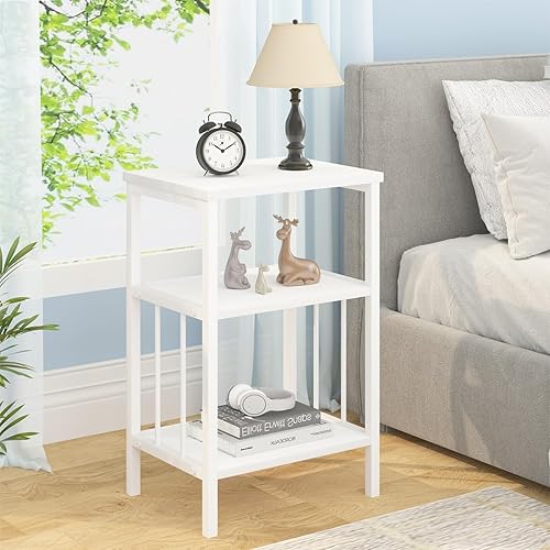 Miniatura 4 de LVB Juego de 2 mesas auxiliares pequeñas blancas, moderna mesita de noche delgada con estante de almacenamiento, mesita de noche estrecha de metal
