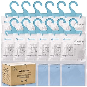 Wisesorb Moisture Absorber Refill Hanging Bags, 12 Pack (7 oz. ea.) of Tyvek Paper Moisture Absorber Packets with 6pcs Hooks, Humidity Packs, Hanging Closet Dehumidifier Bags