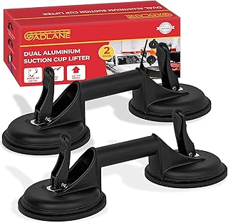 GADLANE Dual Aluminium Suction Cups Heavy Duty - 2 Pack Suckers for Glass, Tiles, Slabs - Twin Glass Suction Cups Up To 100kg of Elevation - Glass Suckers Lifters 11.9cm Diameter - Black (Pack of 2)