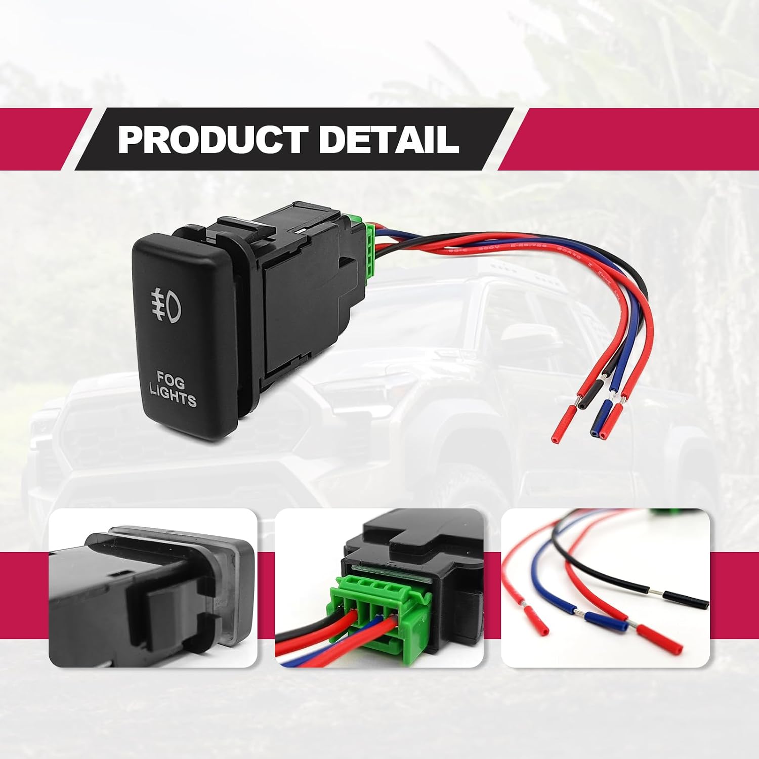 LED Fog Light Symbol Push Button Switch with Connector Wire White Backlit On/Off Kit, Compatible with Tacoma Tundra 4Runner etc
