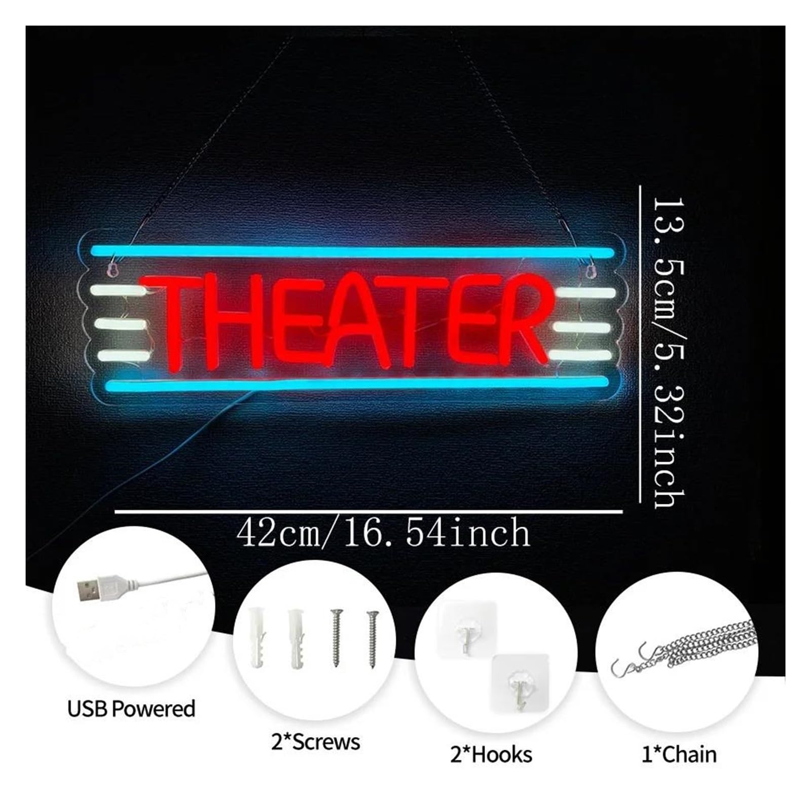 Luz de Diseño de Digital Letrero De Neón Theater Lámpara De Pared Para Cine, Decoración De Pared Para Dormitorio, Arte Cinematográfico, Alimentación USB, 42cmx13.5cm