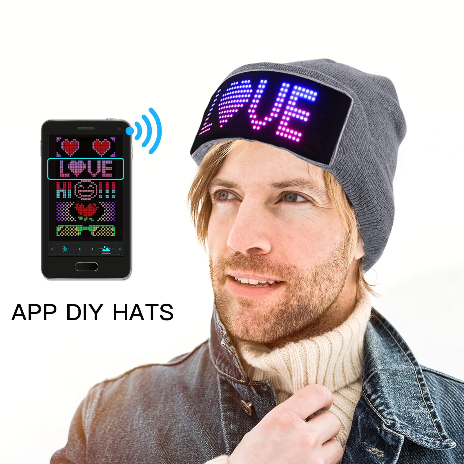 AF-WAN LED-Display Hut beleuchtete Beanie Mütze Bluetooth APP programmierbar Smart Cap (Text, Musik, Bild, Zeichnung) Party Weihnachten (schwarz)