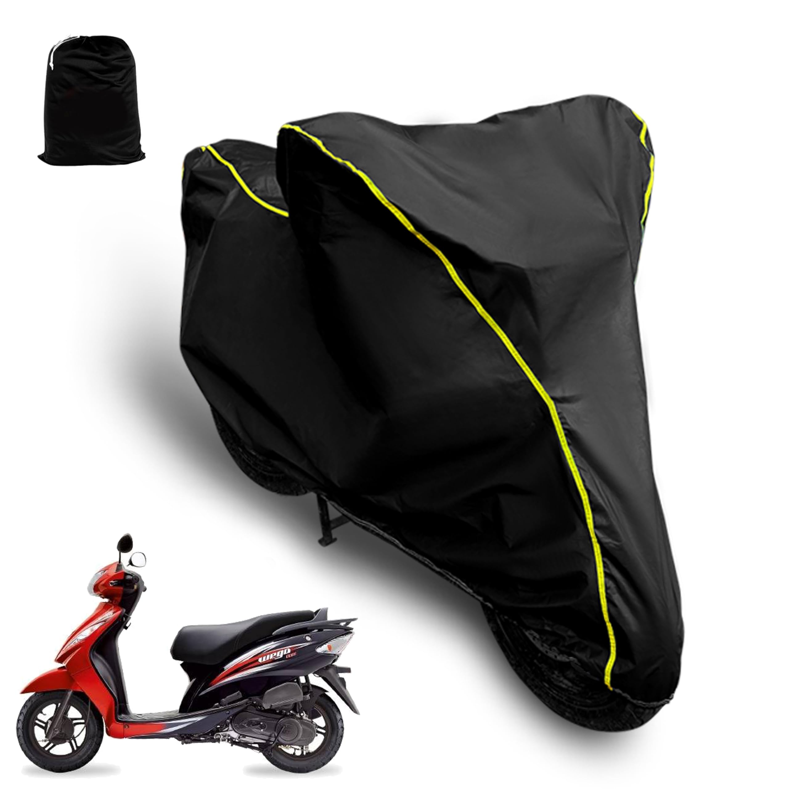 AUTOCOZEN Waterproof Scooty Cover Compatible with Wego Cover with All Weather Protection and Triple Stitch, Heavy Buckle with Storage Bage & Black with Yellow Piping-image-18