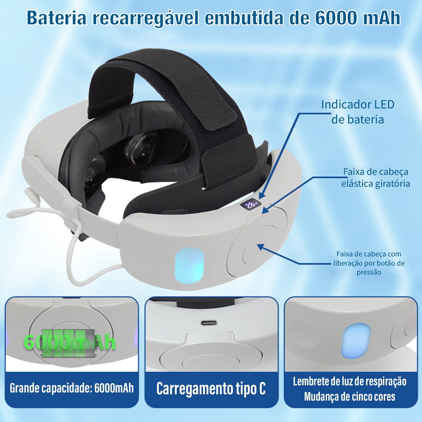 Elite Opaska Z Baterią Do Oculus Quest 2, Regulowana Opaska Na Głowę I Bateria 6000mAh, Lampka Oddechowa RGB, Poprawiają Wrażenia Z Gry I Zapewniają Wygodne Akcesoria VR Dla Dzieci I Dorosłych.