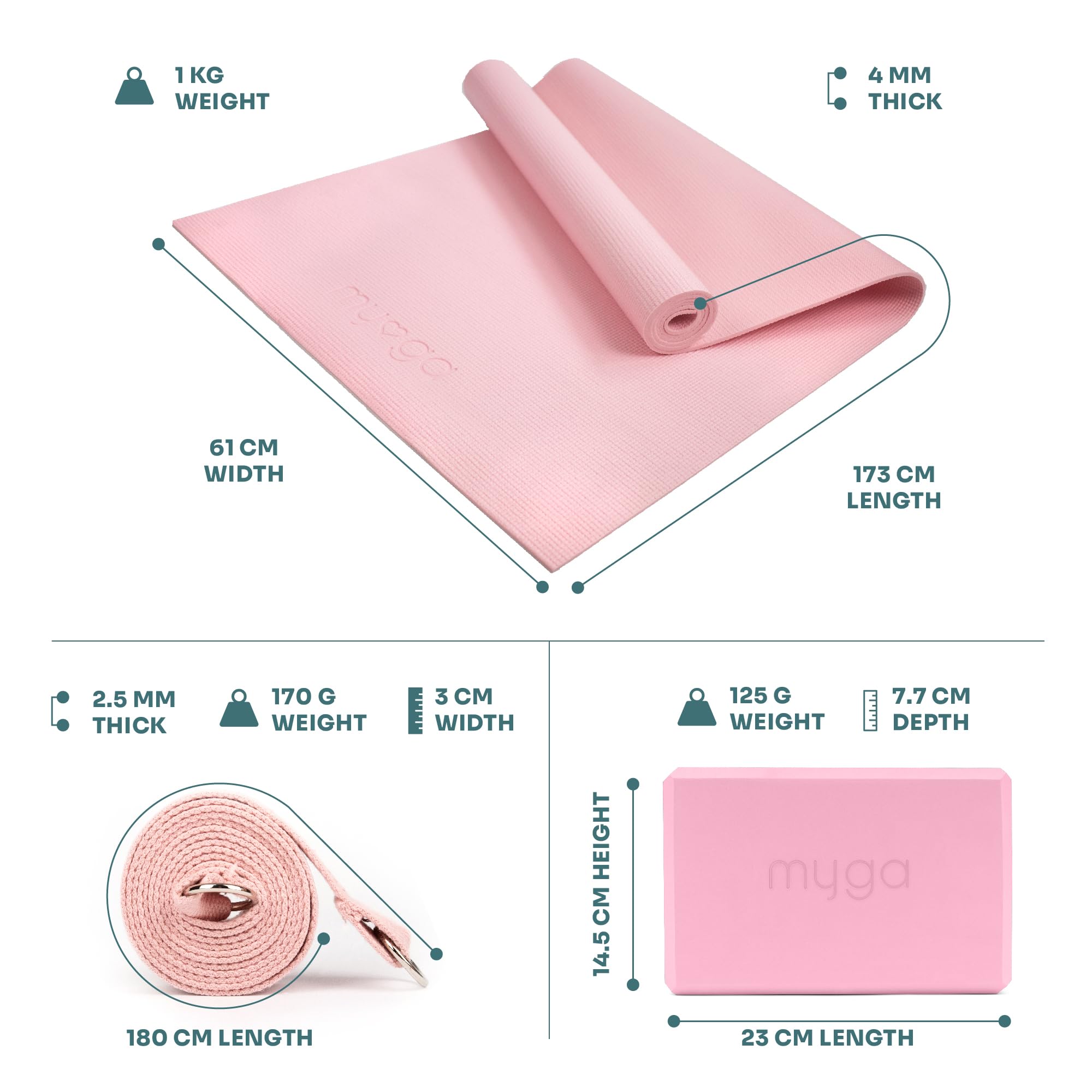 Myga Yoga-Starter-Set – Yogamatte, 2 Yoga-Blöcke und Yogagurt – Starter-Set mit Matte, 2 Steinen & Metall-D-Ring-Gürtel für Anfänger in Yoga, Pilates & Fitness