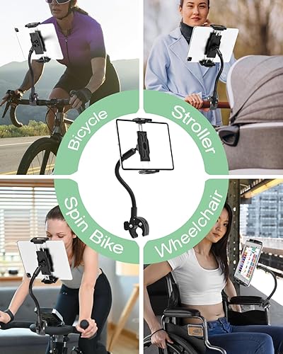 Miniatura 4 de Soporte para tableta de manillar de cuello de cisne para bicicletacaminadoracochecito, soporte de tableta para silla de ruedas con brazo flexible