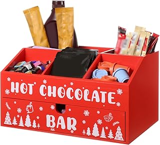 Sliner Winter Hot Cocoa Bar Wooden Storage Box Winter Coffee Station Organizer with Drawer Double Layer Wooden Hot Chocolate Decorative Box for Home Office Holiday Gift Party Supplies