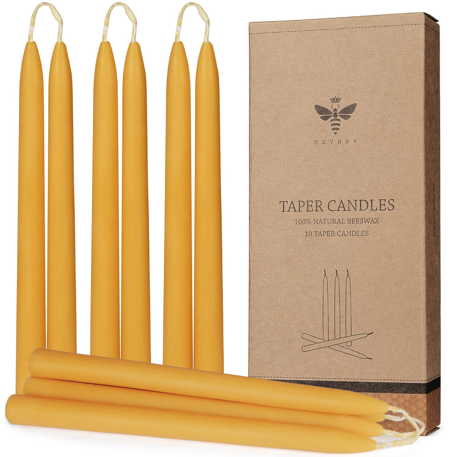DEYBBY 10 inch Natural Beeswax Taper Candles Set of 12