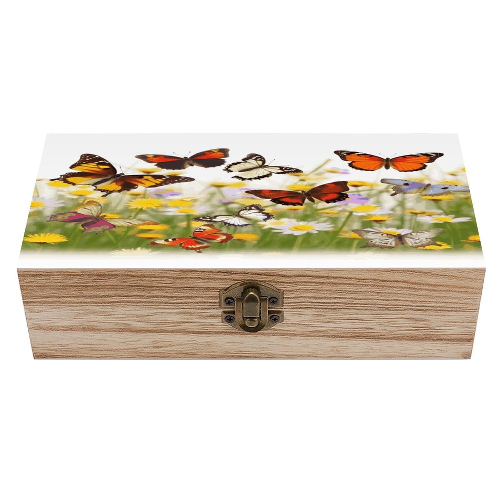 Btcowzrv Style Group Of Butterflies Wooden Storage Box, Keepsake Box With Hinged And Retro Lock, Wood Jewelry Organizer For Photos & Mementos And Home Decor