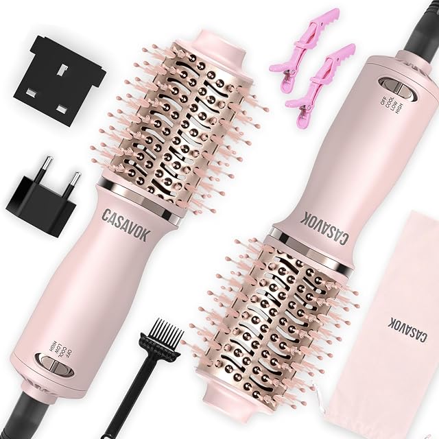 Brosse sèche-cheveux double tension pour le voyage, 4 en 1 Mini Chaud Air Brosse pour cheveux courts, 2 Volumiseur de lissage de curling ovale de pouce, 120-240V Double tension avec EU/UK Adaptateurs roses