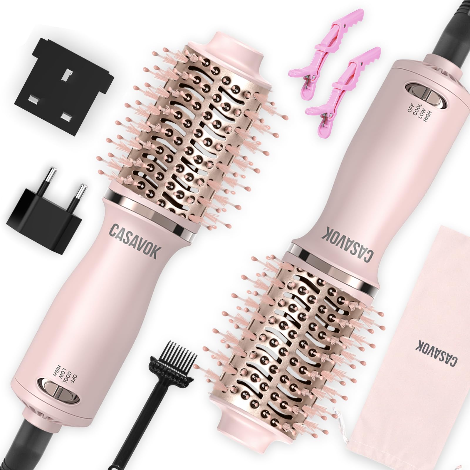 Dual Voltage Travel Blow Dryer Brush, 4 in 1 Mini Hot Air Brush for EU/UK Rose