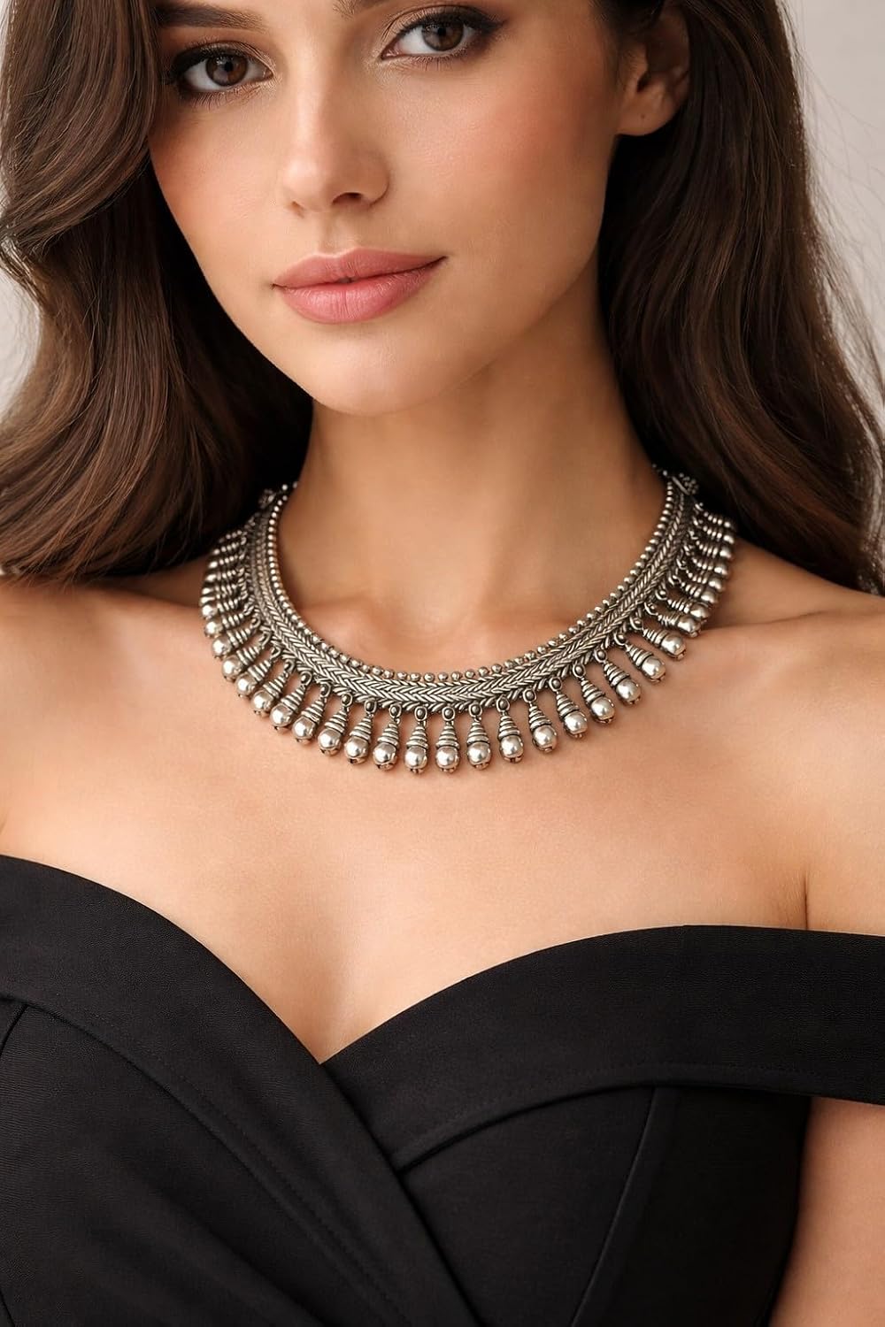 athizay Silver Statement Necklace for Women | Dressy Oxidized Tribal Fringe Choker | Bold Boho Jewelry