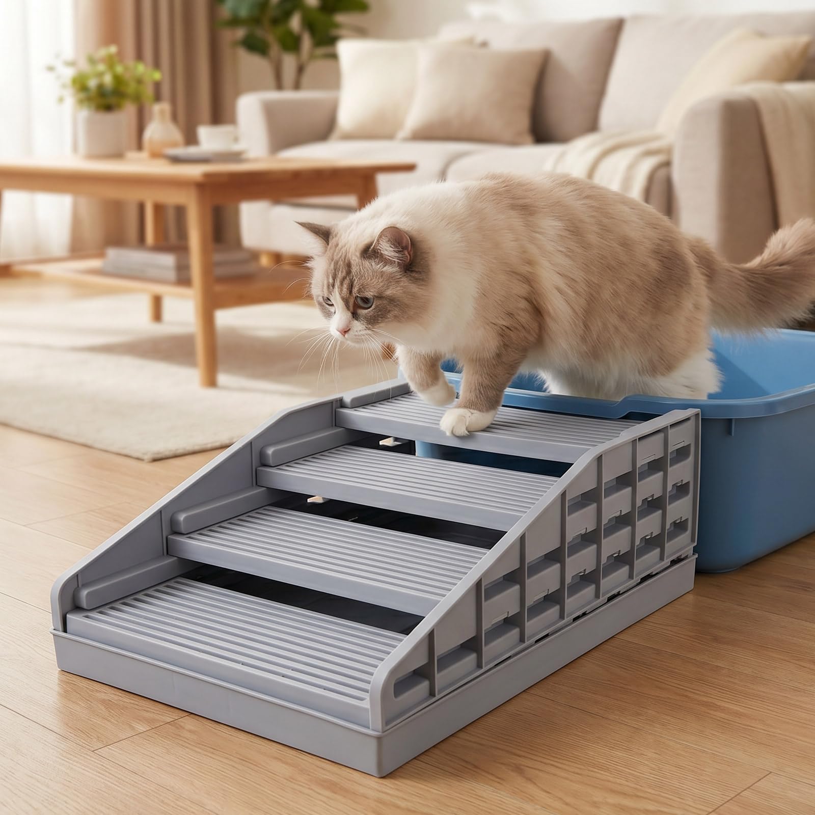 Adjustable Cat Steps, Anti-Slip Anti-Tracking Cat Stairs Ramps Pet Stool Easy Clean Detachable & Combinable Automatic Accessories for Senior & Small Cats (Gray)