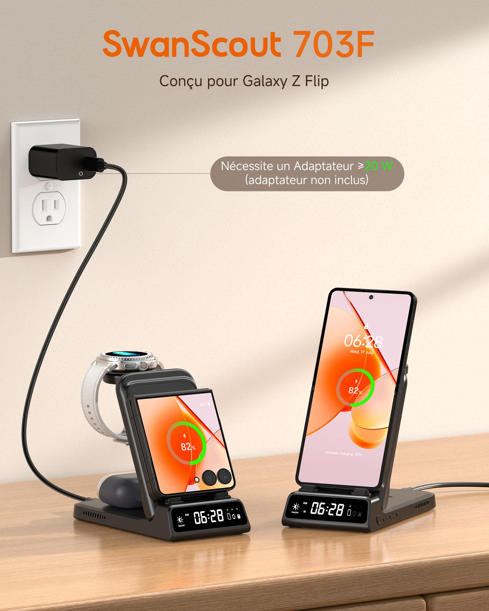 Chargeur Induction pour Samsung Z Flip 8/7/7 Fe, Station de Charge 3 en 1