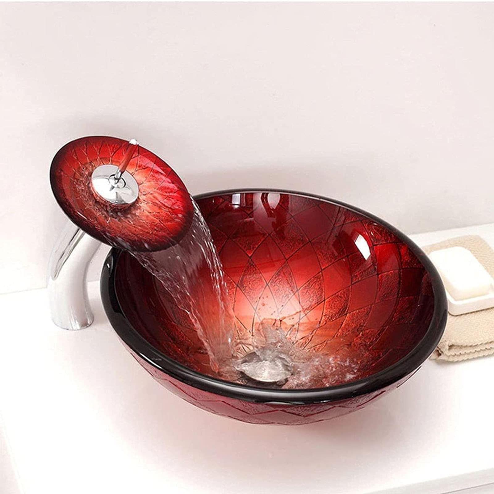 Sjdopulse B Wash Asin, Red Tempered Glass Athroom Asin, Over-Counter Sink With Pop-Up Drain For Washbasin (B)
