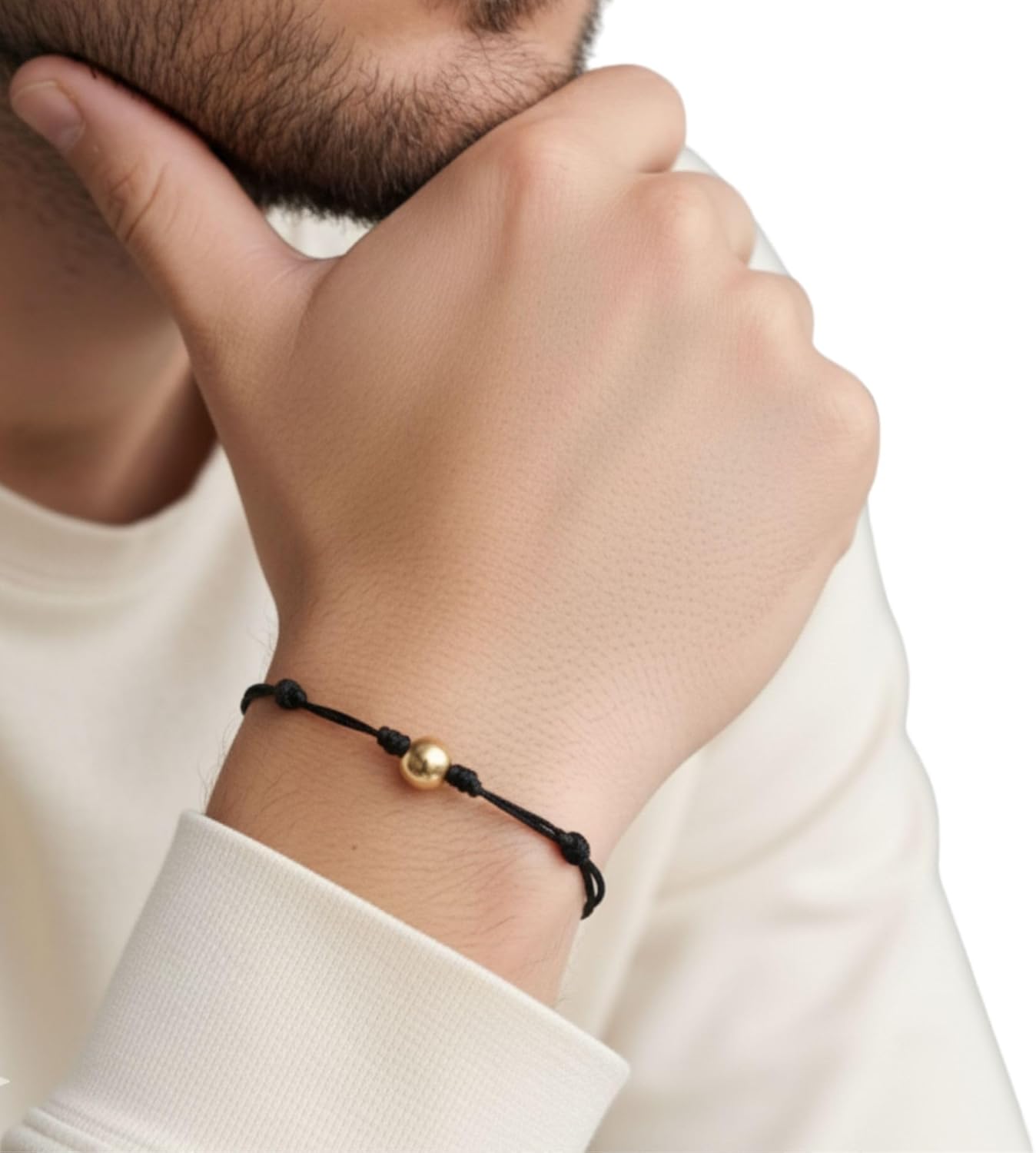 14K Gold Beaded Bracelet - Unisex Red String Design - Yellow & White Gold Options - Elegant Cord Jewelry Gift (Black, Yellow Gold