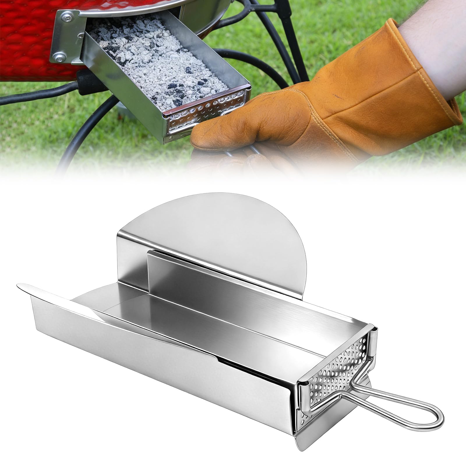 Slide Out Ash Drawer Set Compatible with Kamado Joe Classic Joe,304 Stainless Steel Ash Cleaning Tool with Handle,Easily Clean Charcoal Ash Anytime Without Blocking Airflow (Tray+Drawer+Handle)