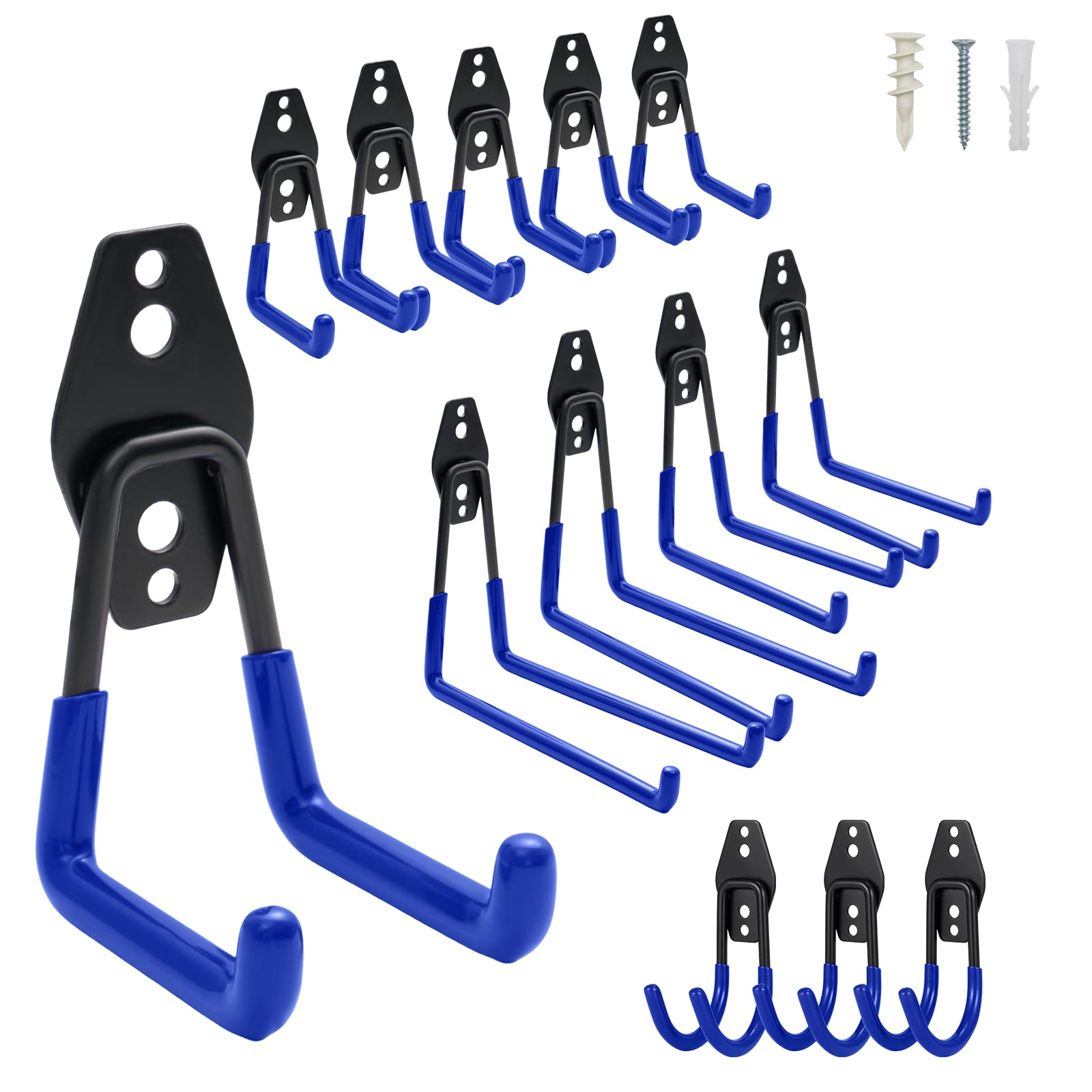 BREEZENEST Pack Heavy Duty Garage Hooks – Wall Mounted Utility Hangers for Tools, Ladders, Bikes, Garden Equipment – Strong Metal Hooks with Non-Slip Coating for Shed, Workshop, Garage Storage (Blue)