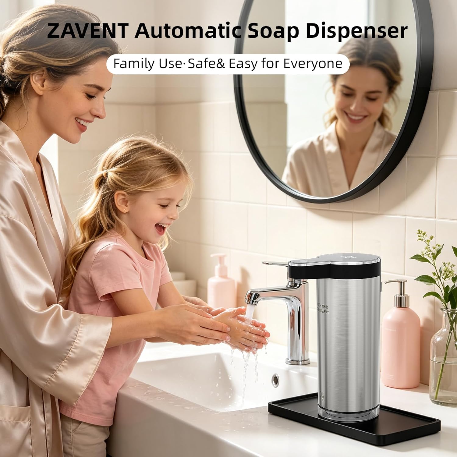 ZAVENT™ Touchless Automatic Soap Dispenser with Compact Black & White Organizer Tray for Kitchen & Bathroom Countertop, Stainless Steel Sensor Dispenser, Modern Design