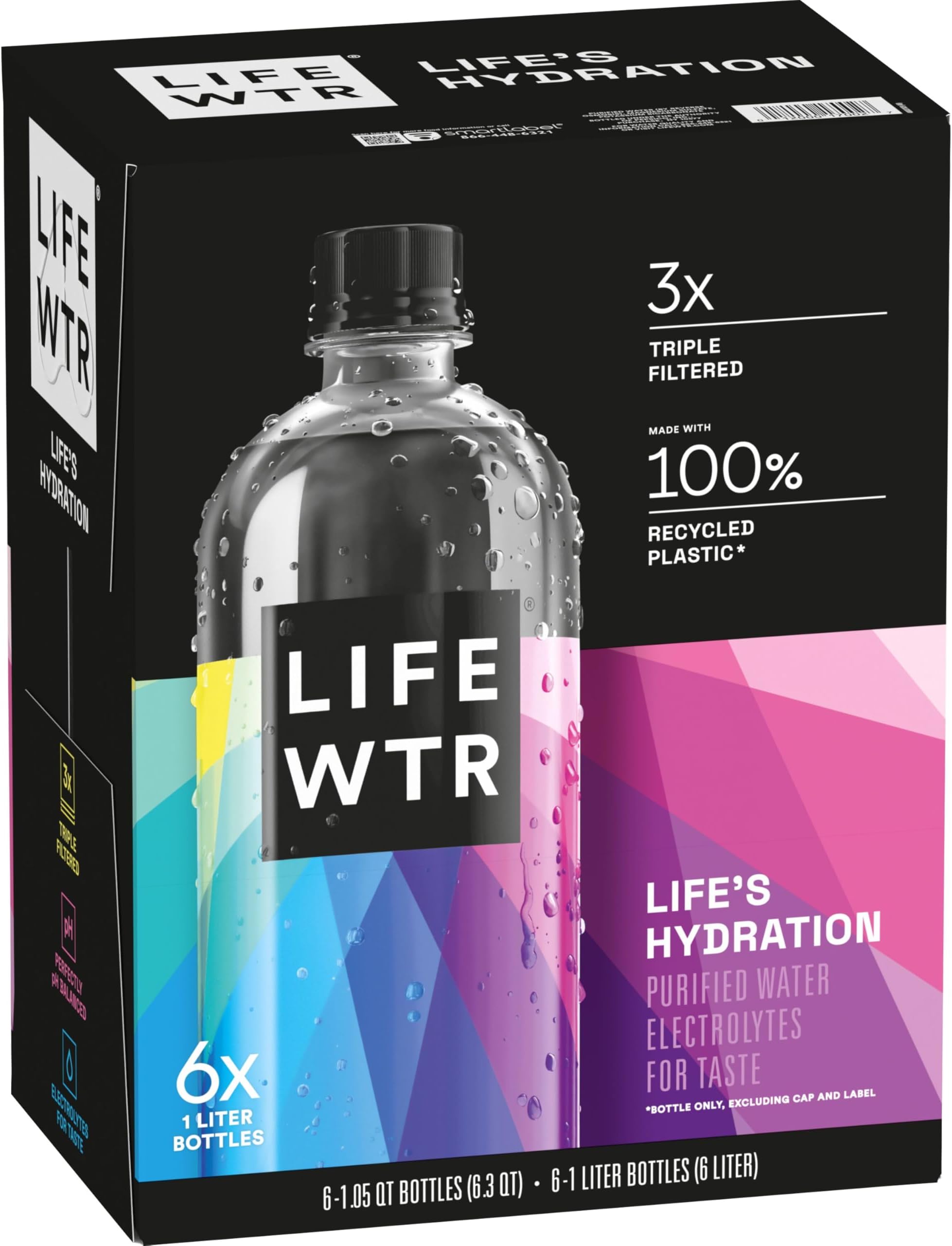 LIFEWTR Premium Purified Water, pH Balanced with Electrolytes, 100% recycled plastic bottles, 33.8 Fl Oz, 1L (Pack of 6)