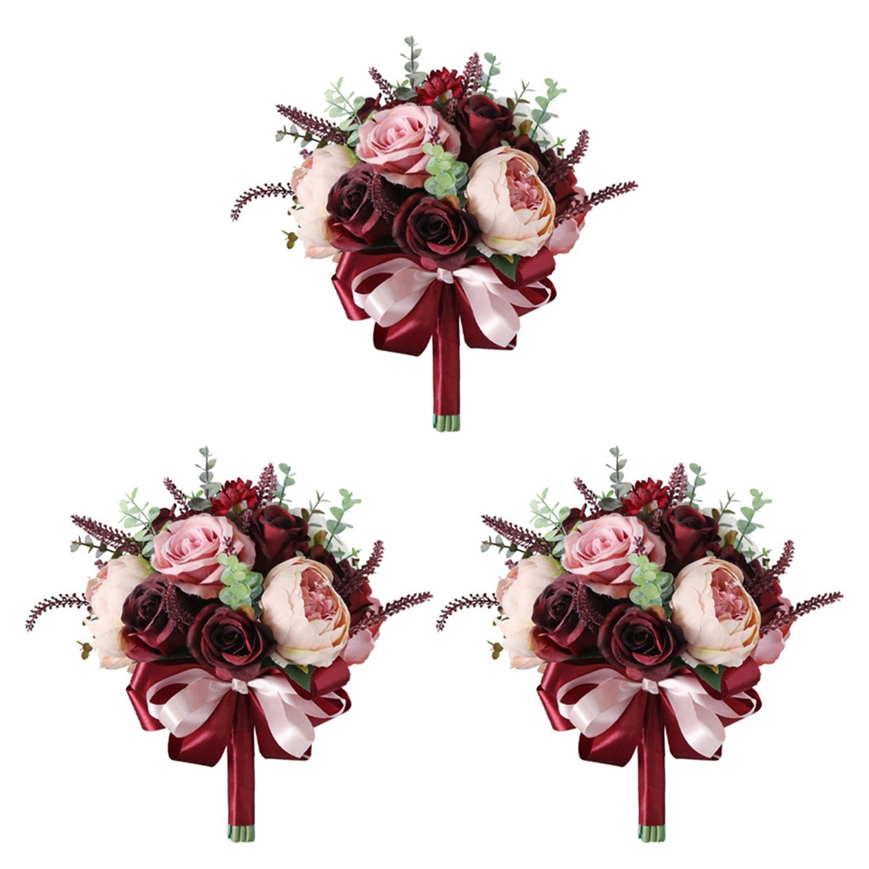 Hndhbfgrt 3X Burgundy Bouquet - Champagne Blush Blooming Peony with Eucalyptus Real Perfect Bridal Wedding Flowers