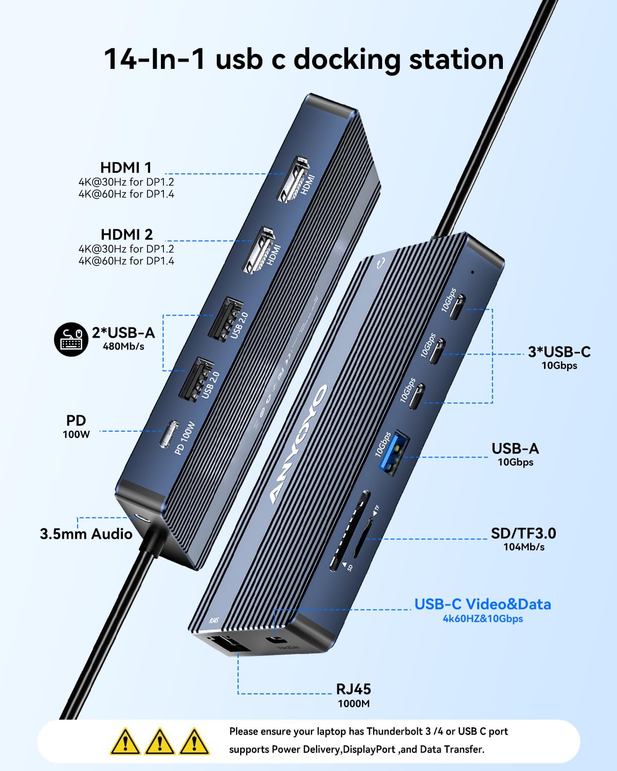 ANYOYO USB C Docking Station Dual Monitor 14-in-1 Docking Station 3 Monitor(2 HDMI+ Video Out) 10Gbps (4*USB-C+1A) +PD100W+Ethernet+SD/TF Laptop Dock Multiport Adapter for Dell/HP/Lenovo/Thinkpad